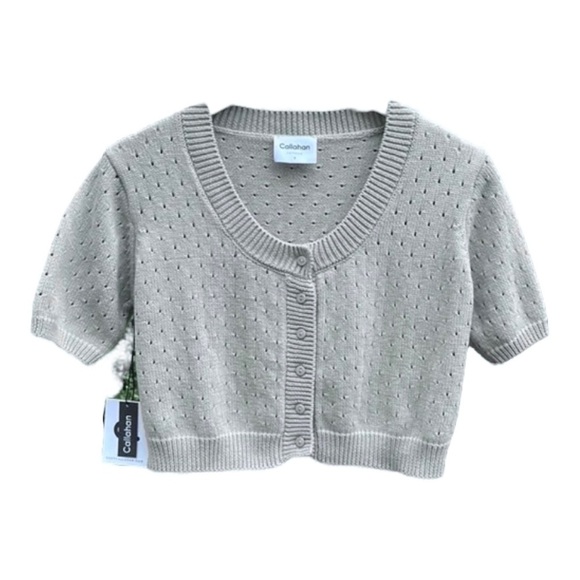 NEW Callahan Gray 2 Pc Set Cropped Knit Cardigan Sweater & Midi Skirt Cotton XS - Picture 3 of 10